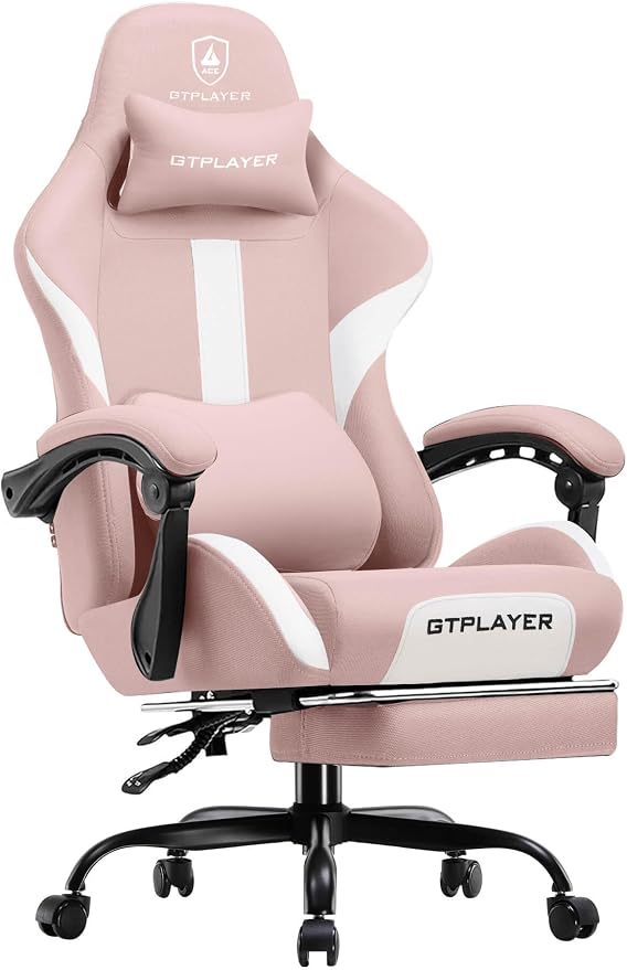 GTPLAYER Gaming Chair with Foot Rest & Pocket Spring Cushion, Breathable Fabric for Home Office Desk, Ergonomic High Back Computer Chair with Headrest & Lumbar Support, Pink by GTPLAYER