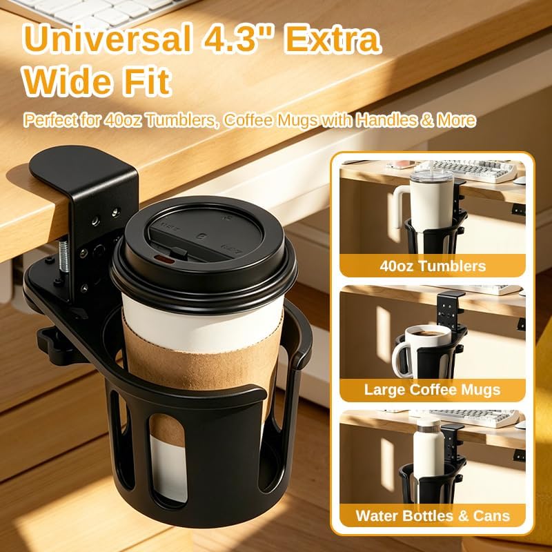 Desk Cup Holder, Clip-On Clamp for Gaming Desks, 360° Swivel Headphone Hook - Image 4