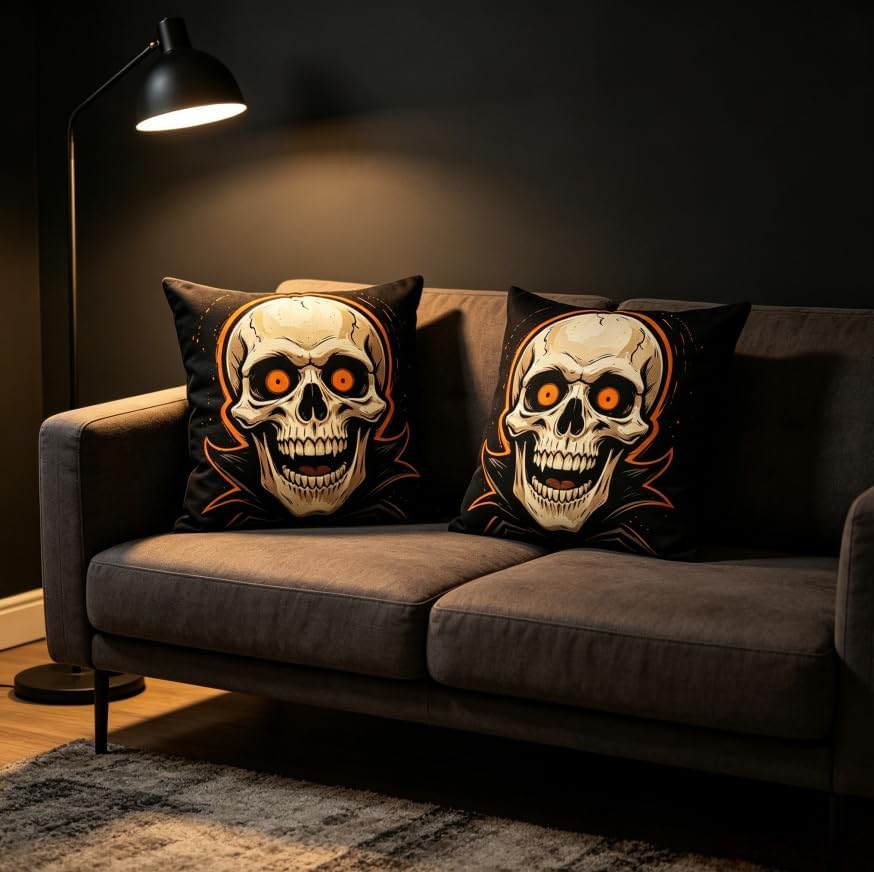 Halloween Skull Throw Pillow Covers, Linen, 18x18 Inch, Set of 2, Black and Orange Decorative Covers for Living Room - Image 6