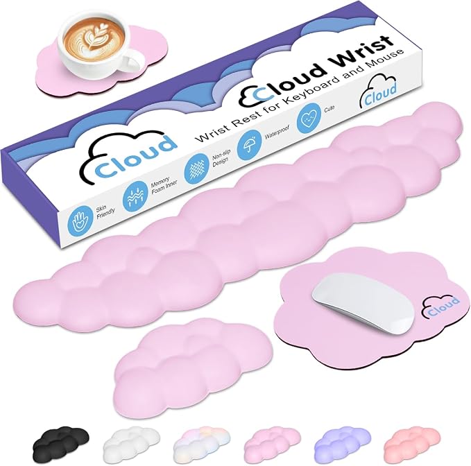 4 in 1 Ergonomic Leather Cloud Wrist Rest Keyboard and Mouse Pad & Coaster | Full 4-Piece Set, Non-Slip PU Base, Soft Memory Foam Comfort For Long Work/Gaming Hours, Cute Desk Decor, Easy To Clean by YAMJUG