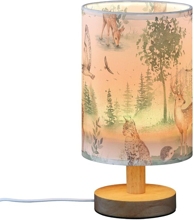 Bedside Table Lamp Woodland Animals Nightstand Lamp with Wood Forest Deer Owl Lynx Hedgehog Ermine Tree Desk Lamps for Bedroom Living Room Nursery Office Home Decor - Image 2