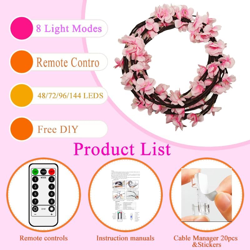 47 Inch Cherry Blossom Tree Light with Remote, 48 LED Cherry Blossom Branch Lights for Wall, 8 Lighting Modes&Timer, Flexible DIY Indoor Decoration for Home, Christmas, Wedding, Party (48LED-47inch) - Image 4
