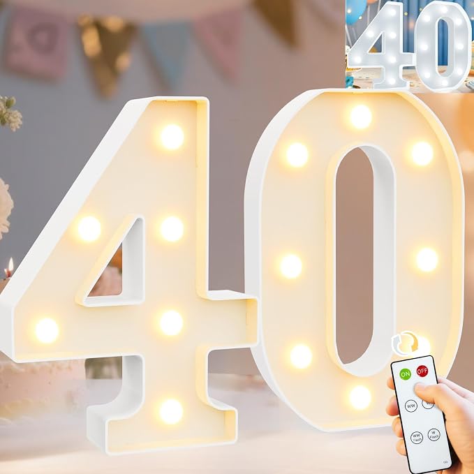 Pooqla 40th Birthday Decorations for Women Men, Decorative Marquee Numbers with Remote, Light Up 40 Sign for Party Backdrop 40th Wedding Anniversary Decor, Warm White and Cool White Number 40 by Pooqla