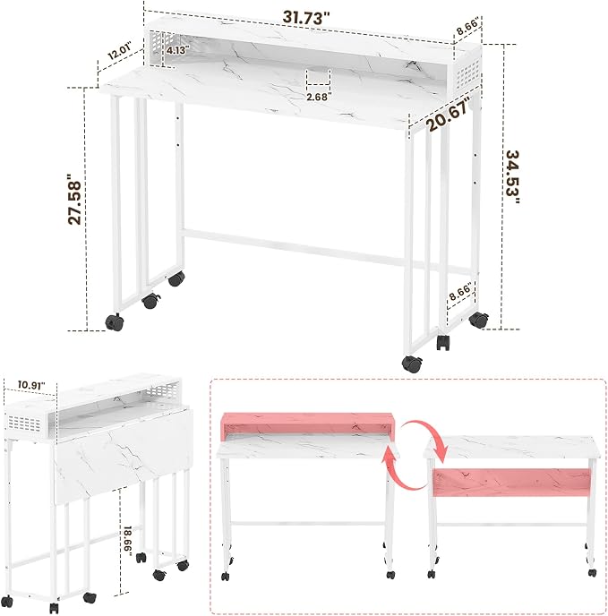 31.5" Folding Desk with Storage Shelf, Small Rolling Desk, White Marble - Image 3