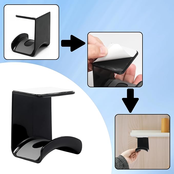 Black Headphone Stand Hanger,Hanging Headset Holder Hook Under Desk | 1Pcs ABS Plastic Adhesive Earphones Hangers for Desk Headphone Hanger, Most Headphones and Controller - Image 4