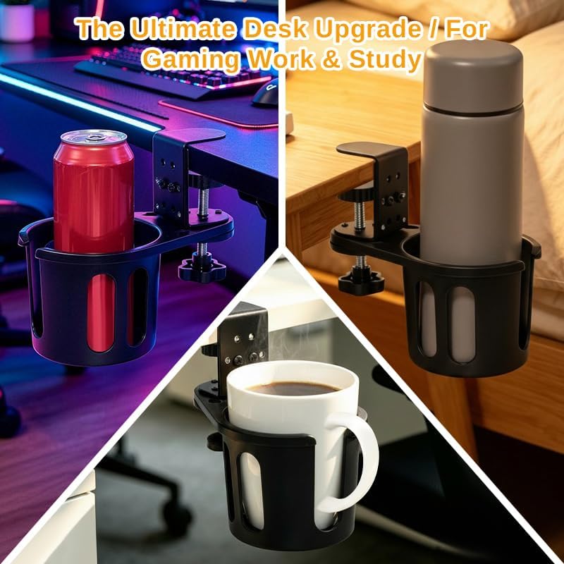 Desk Cup Holder, Clip-On Clamp for Gaming Desks, 360° Swivel Headphone Hook - Image 7