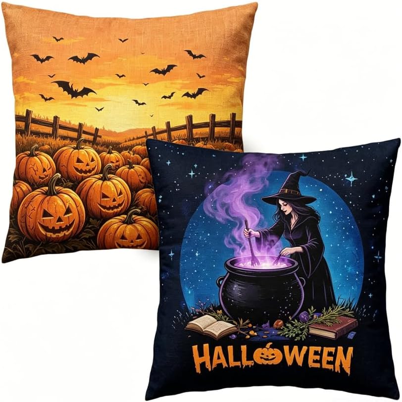 Halloween Throw Pillow Covers, Pumpkin and Witch Design, Linen, 18x18 Inch, Set of 2, Multicolor by Unknown