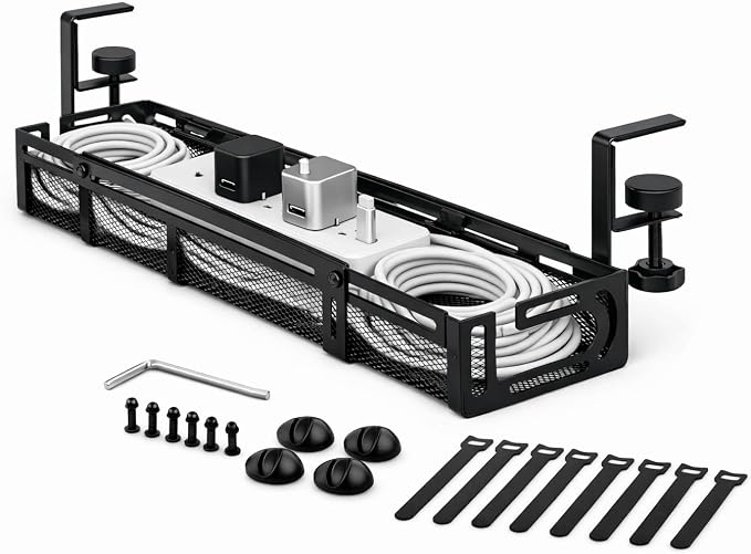 Expandable Under Desk Cable Management Tray, Expandable 15.7”–27.6”, No Drill Metal Cable Organizer with Clamp Mount for Standing Desk, Office & Home Desk (Black by Unknown