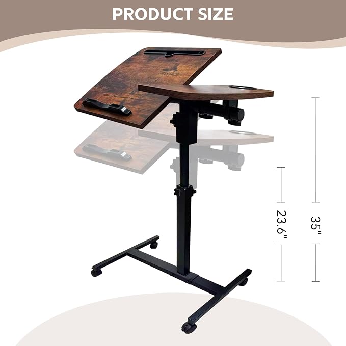 Overbed Table with Wheels Adjustable Height, Tiltable Desktop with Tray, Over Bed Table Rolling Bedside Tables, Medical Mobile Standing Desk, for Hospital Office Bedroom Sofa, Brown - Image 3