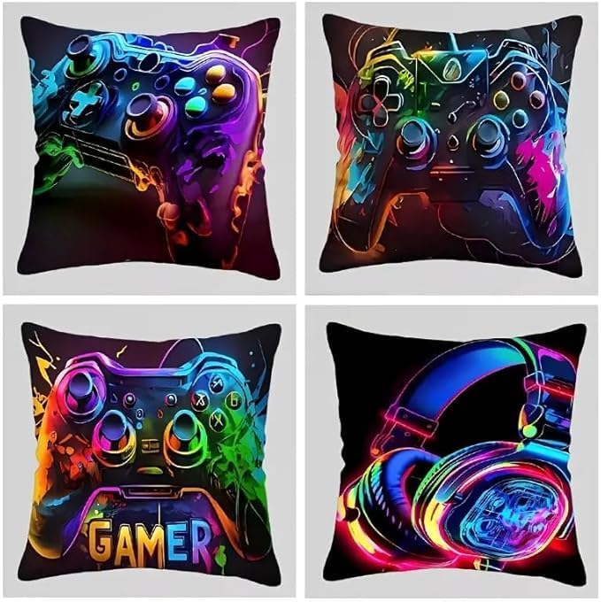 4Pcs Set Gaming Pillow Covers - Washable, Living Room, Playroom 18x18 Pillows Linen Pillowcase Modern Decorative Square Pillowcases for Sofa Couch Bedroom Living Room Car by Unknown