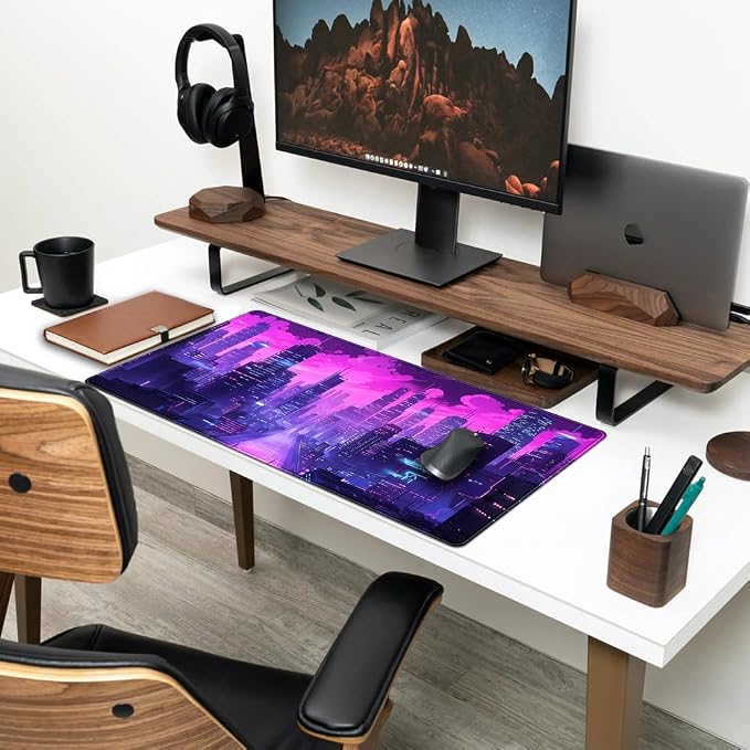 Cyberpunk Neon Purple City Gaming Desk Mouse Pad XL Pink Extended Mouse Pad Gaming, Keyboard Pc Office Laptop Mousepad Large, 31.5x15.8 in with Stitched Eges Non-Slip Base Mouse Pads - Image 3