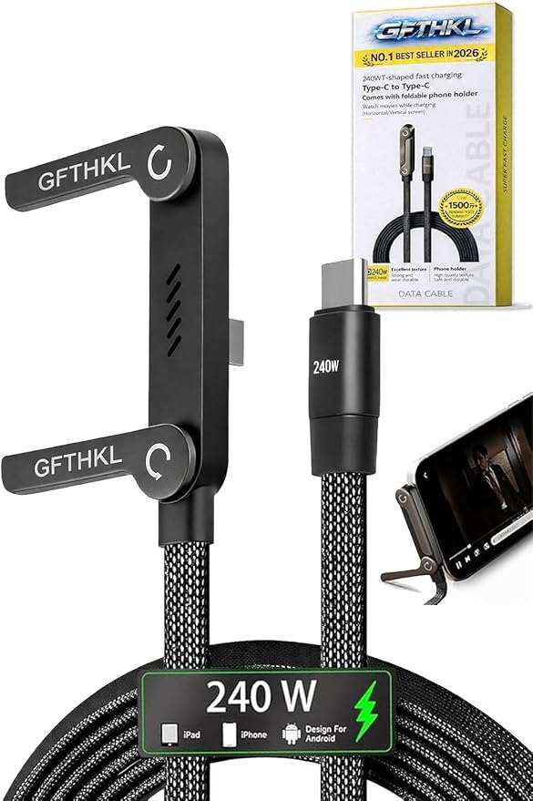 Invisible Holder Charger Cable, 240W Super Fast Charging with Stand, Built-in Phone Support Fast Charging Cord, Type C Braided Design for Gaming Office Travel (C to Type - C) by GFTHKL