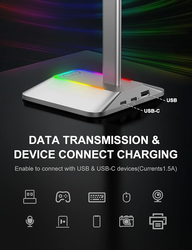New Bee RGB Headphone Stand with 1 USB-C Charging Port and 1 USB Charging Port, Desk Gaming Headset Stand with 7 Light Modes and Non-Slip Rubber Base Suitable for All Earphone Accessories (Silver) | USB-C & USB Charging Ports, Stable Desktop Earphone S... - Image 3