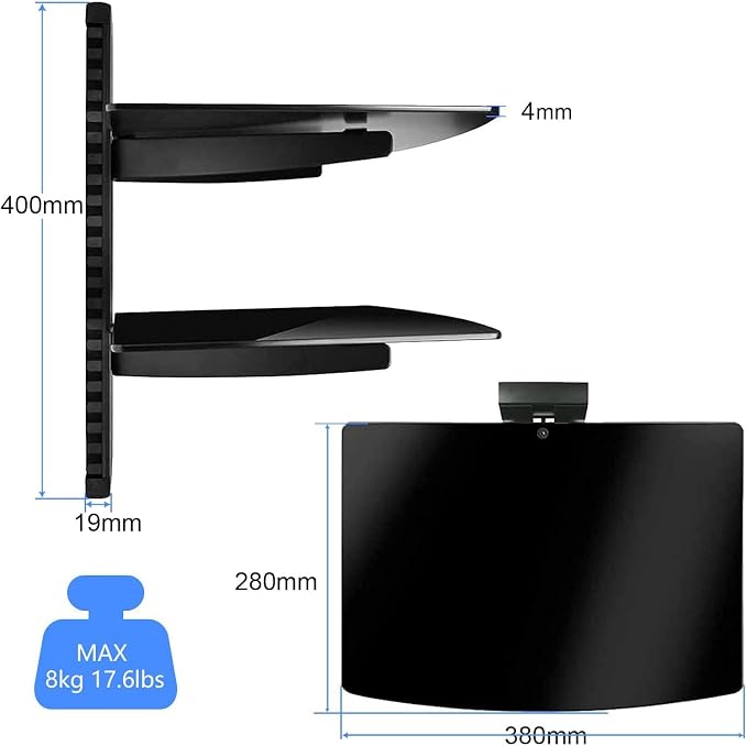 suptek Speaker Mount, Floating Glass Shelf Wall Mount Bracket for DVD Players/Cable Boxes/Games Consoles/TV Accessories, 2 Shelves, Black CS202 - Image 3