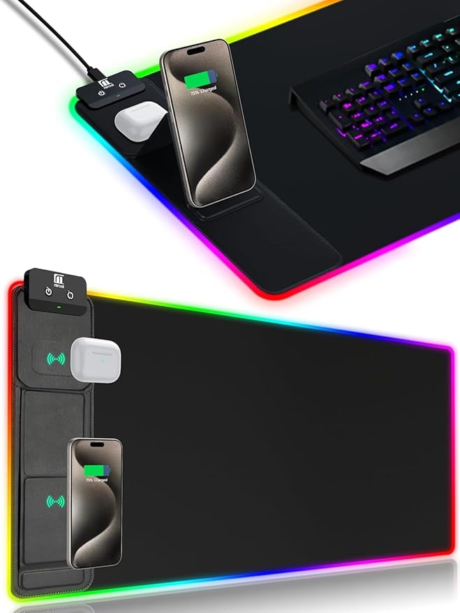 XXL Mouse Pad with Phone Holder - Black, RGB Desk Mat with 15W Fast Charging, LED Gaming Mousepad with 11 Light Colors, Waterproof Non-Slip Pad for Office & Home by miroddi