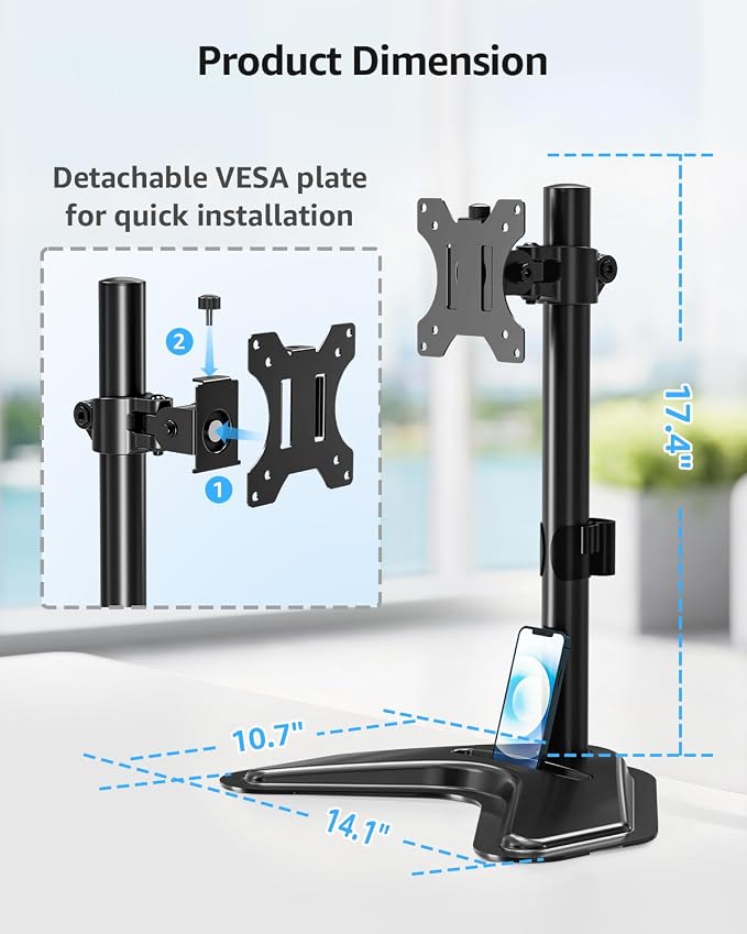 MOUNTUP Single Monitor Stands, Freestanding VESA Monitor Desk Mount fits 13'' to 32'' Computer Screen with Height Adjustable, Swivel, Tilt, Rotation, 17.6 lbs Load, For Home Office, VESA 75x75/100x100 - Image 6