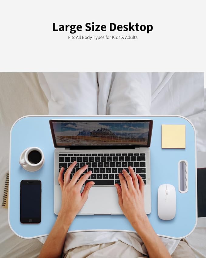 Foldable Lap Desk, Laptop Bed Desk, Portable Lap Table, Laptop Bed Table with Cup Holder & Tablet Slot & Lifting Handle for Working Writing Drawing & Eating - Blue - Image 3