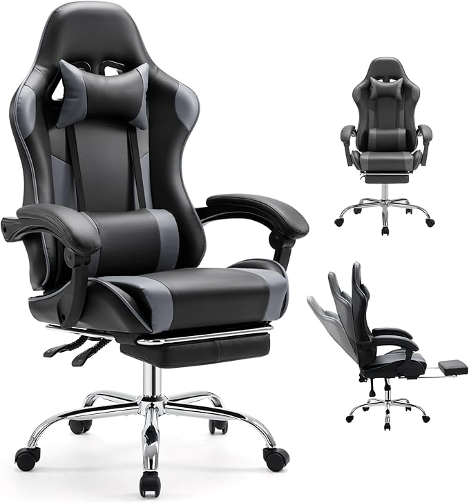 DUMOS Ergonomic Gaming Chair with Footrest, Home Office Desk Chair | PU Leather, Headrest, Linkage Armrests, Height Adjustable, 360 Swivel Reclining, Black Grey by DumosLifestyle