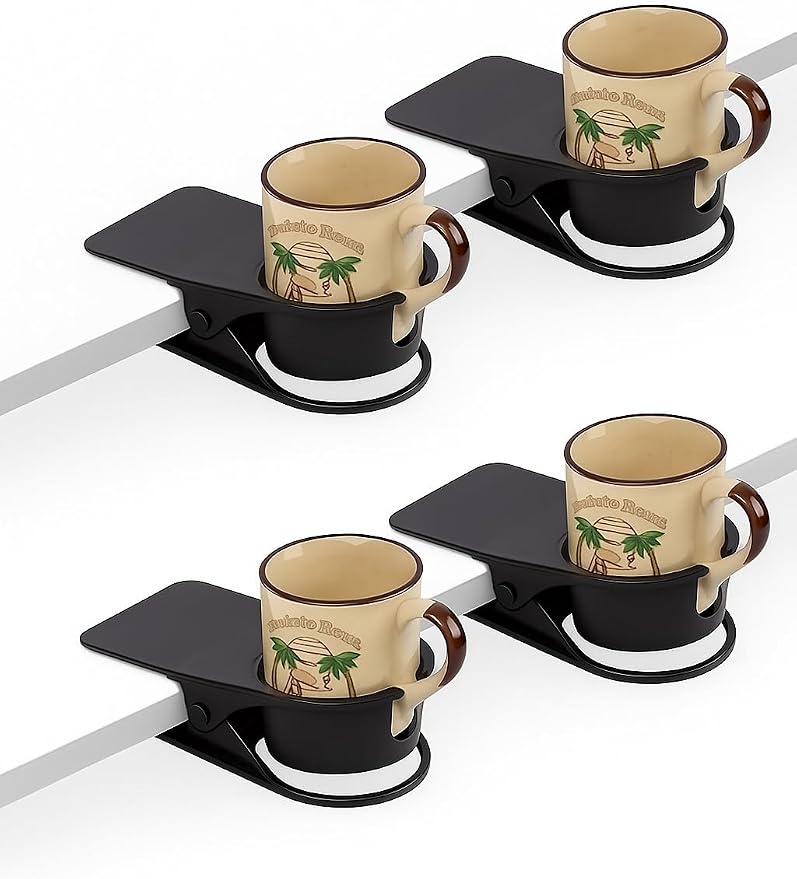Desk Cup Holder Clamp 4 Pack, Clip On Water Bottle & Mug Holder, Phone Slot by Aisle3Essentials