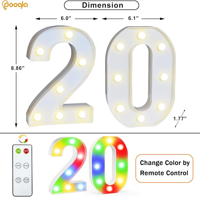 Pooqla 20th Birthday Decoration for Her Him, Decorative LED Light Up Numbers, Marquee Numbers 20 Sign for Party Backdrop 20th Wedding Anniversary Decor Gift, Warm White and Colorful Number 20 - Image 3