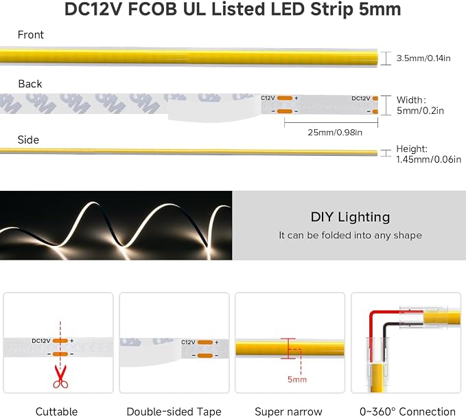 BTF-LIGHTING FCOB Thin 5mm Width COB LED Strip Light Natural White 4000K - Image 4