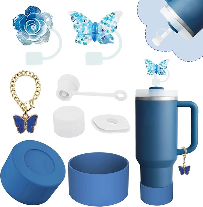 Stanley Cup Accessories Set,Including 2 Pcs 0.4in Straw Cover, 1 Silicone Spill-Proof Stopper Set of 3, 1 Cute Butterfly Handle Charm, 1 Silicone Boot Fits Stanley 40&30 Oz Tumbler (Stargaze) by Vikgle