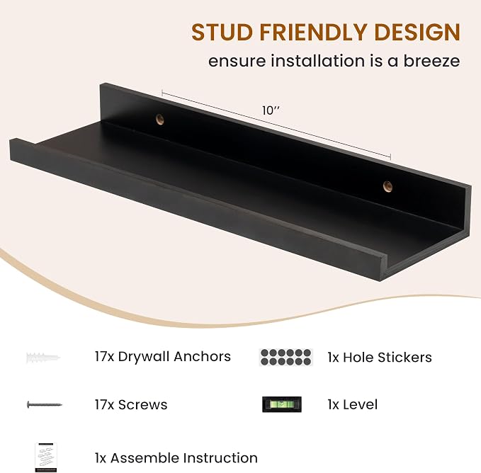 Picture Ledge Shelf, Floating Shelves for Wall Decor, Black, Set of 6, 16'' - Image 5