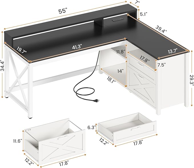 SEDETA Corner Computer Desk, 55" L Shaped Gaming Desk with Storage Drawers and Power Outlet, Farmhouse Corner Gaming Desk with Storage Shelves and LED Lights for Home Office, Black - Image 2