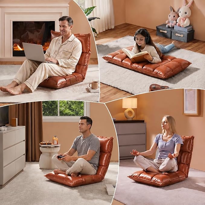 Floor Chair with Back Support, 42-Position Adjustable Gaming Chair for Adults, Faux Leather Floor Lounger, Reading Chairs with Neck Support, Foldable Floor Seat for Sleeping, Gaming (Wine Red) - Image 9
