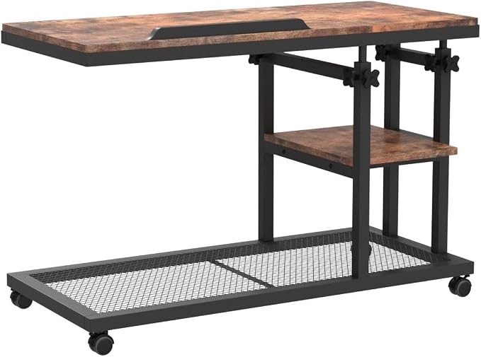 Tribesigns Height Adjustable C Table with Wheels, Mobile Couch Snack Side Table with Tiltable Drawing Board, Sofa Bedside Laptop Stand C Shaped TV Tray with Storage Shelves (Brown) - Image 5