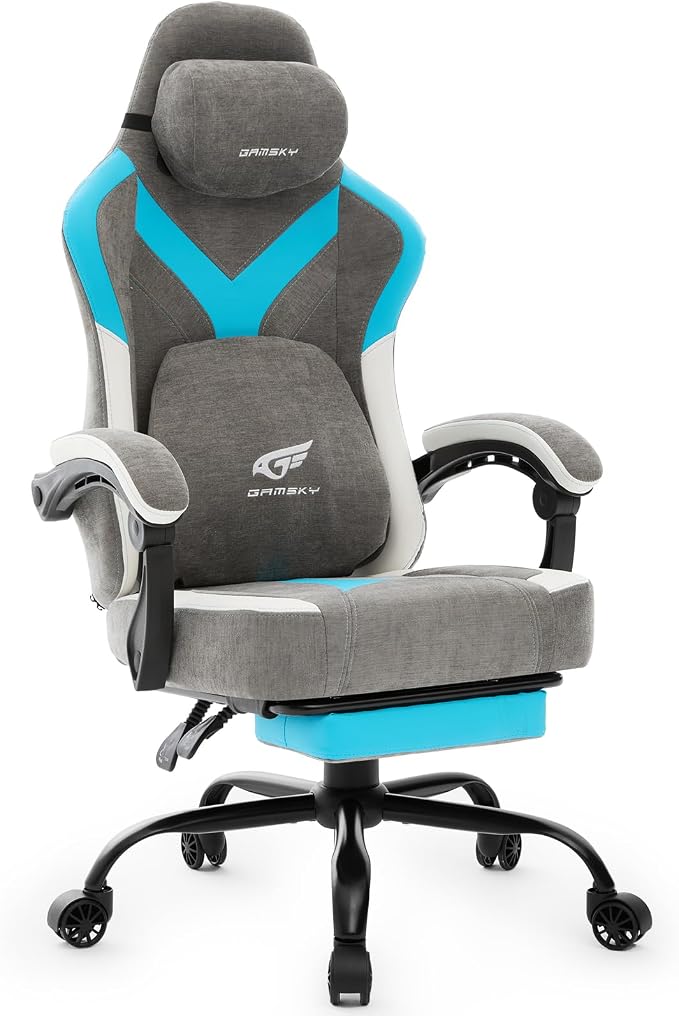Ergonomic Gaming Chair for Adults - Comfortable Office Computer Chair with 20.5” Wide Seat, Adjustable Video Game Chair with Footrest and Lumbar Support for Home Office, Grey Blue by Gamsky