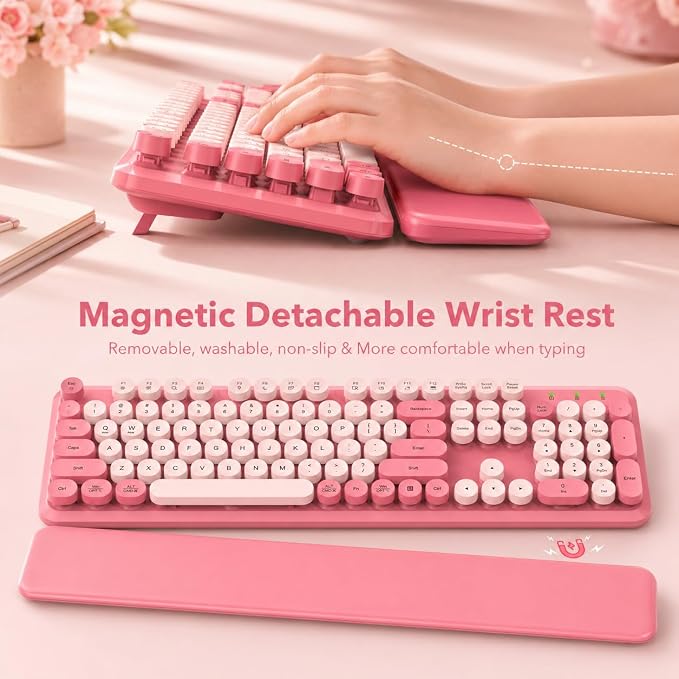 Wireless Keyboard and Mouse Combo, Round Keycaps, Magnetic Wrist Rest, Pink - Image 2