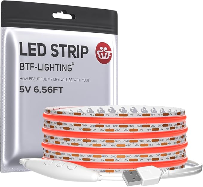 BTF-LIGHTING 5V USB COB LED Strip Lights 6.56FT Red Color for TV by BTF-LIGHTING