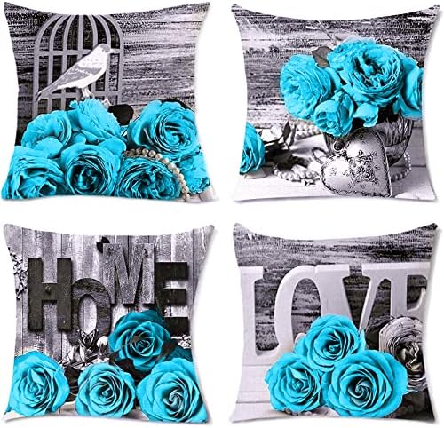 Turquoise Throw Pillow Covers 20x20 Set of 4, Teal Grey Aqua Blue Flower Pillow Cover Rose Pillowcase for Couch Sofa Floral Cotton Linen Accent Square Cushion Cases Bedroom Living Room Outdoor Decor by YOOOAHU