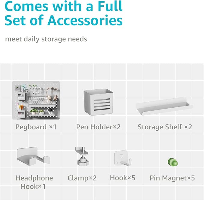PEGZONE 20.4" x 16.5" Clamp-on Desk Pegboard, Bundle with 8 Pieces Accessories, White - Image 3