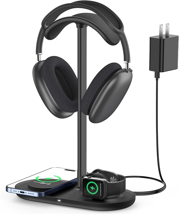 HiWe Headphone Stand, 2-in-1 MagSafe Wireless Charger for iPhone/iWatch | Headset Holder for All Headphones, Aluminum Alloy Bar, ABS Solid Base, PU Headrest, Table Desk Organizer by HIWE