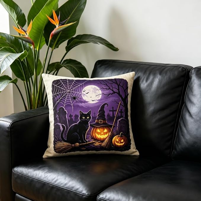 Halloween Throw Pillow Covers Linen, Black Cat Pumpkin Witch Spider Web Design, 18x18 Inch, Set of 2 - Image 3