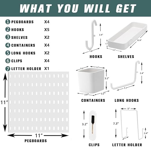 Pegboard Combination Kit for Wall Organizer, Wall Mounted Peg Board Kits for Kitchen, Bedroom, Office, &Bathroom, 4 Pieces White Pegboards and 14 Accessories, 22" x 22" - Image 2