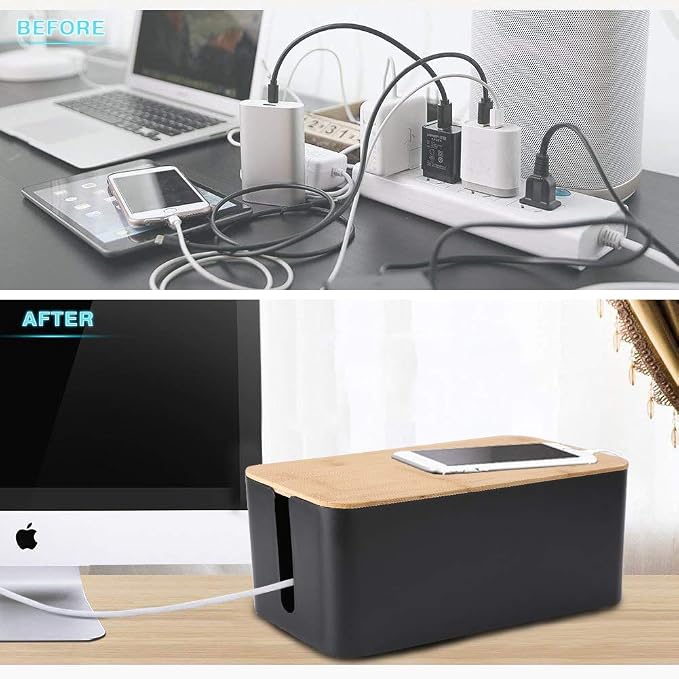 PowerKing Cable Management Boxes Organizer, Bamboo Lid, Large Storage Wires Keeper Holder for Desk, TV, Computer, USB Hub, System to Cover and Hide & Power Strips & Cords (Luxury Black) - Image 5