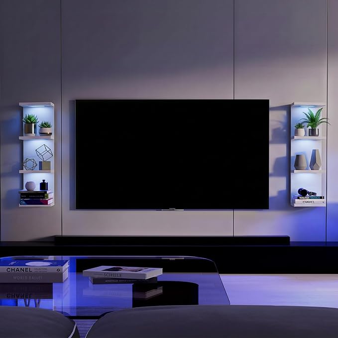 VIWODS 4-Tier Wall Shelf Unit with Lights, White - Image 6
