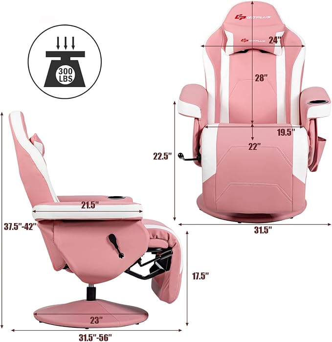 POWERSTONE Gaming Recliner, PU Massage Gaming Chair with Footrest, Cup Holder, Headrest and Side Pouch, Adjustable Single Sofa Living Room Chair(Pink) - Image 3
