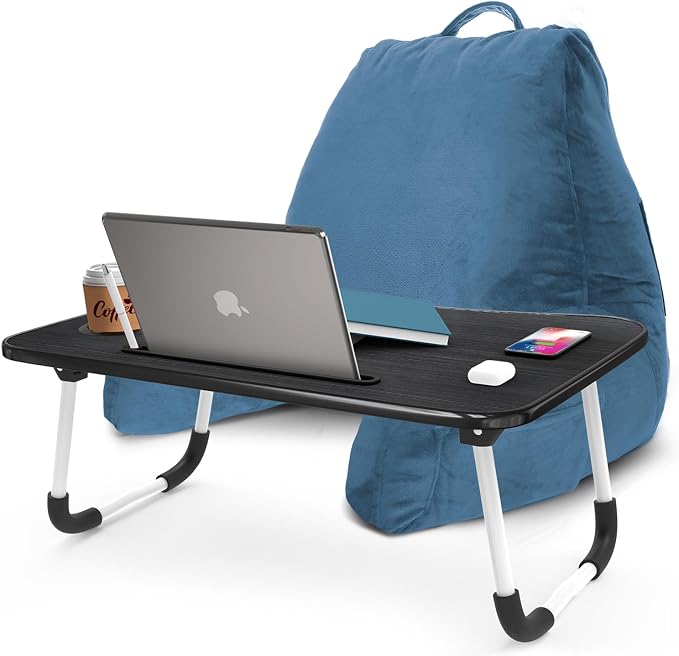 Nestl Reading Pillow with Portable Laptop Lap Desk - Shredded Memory Foam Back Support Pillow for Sitting Up in Bed and Couch Rest Pillows with Arms, Bed Tray Table with Foldable Legs, Blue Heaven by Nestl