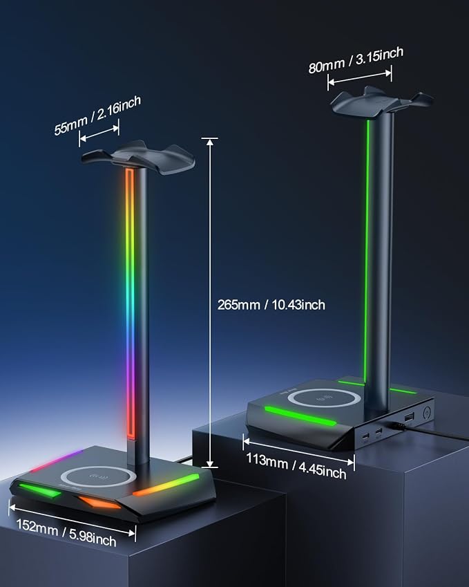 New Bee RGB Headphone Stand with 2 USB-C & 1 USB Charging Ports, Desk Gaming Headset Holder with 7 Light Modes and Non-Slip Rubber Base Suitable for All Earphone Accessories | 2 USB-C & 1 USB Charging Ports, 7 Light Modes, All Earphone Accessories - Image 4