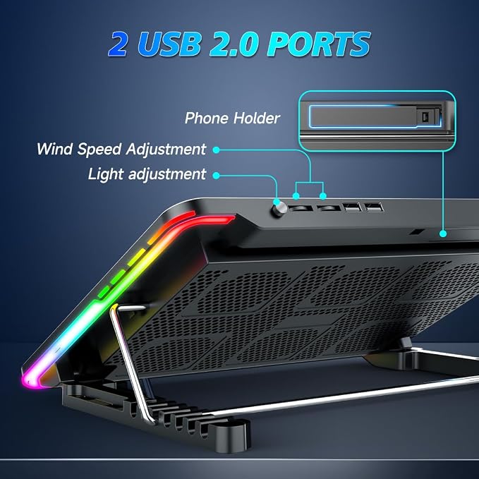LIANGSTAR Laptop Cooling Pad, Laptop Cooler Gaming 5 Quiet Fans with Large Metal Plate for 12-17.3 Inch Fan Stable Stand, 4 Modes RGB Light, 7 Height & Adjust Speed, 2 USB Port & Phone Holder - Image 2