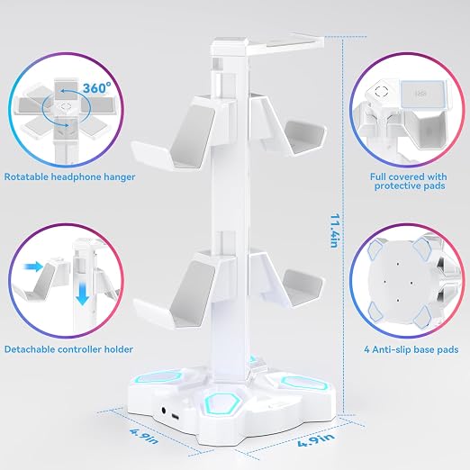 KDD Gaming Headphones Stand, Rotatable Headset Stand with Light Modes - Controller Holder with 2 USB Charging Ports and 3.5mm - Earphone Hanger Accessories for Desktop Gamer(White) - Image 5