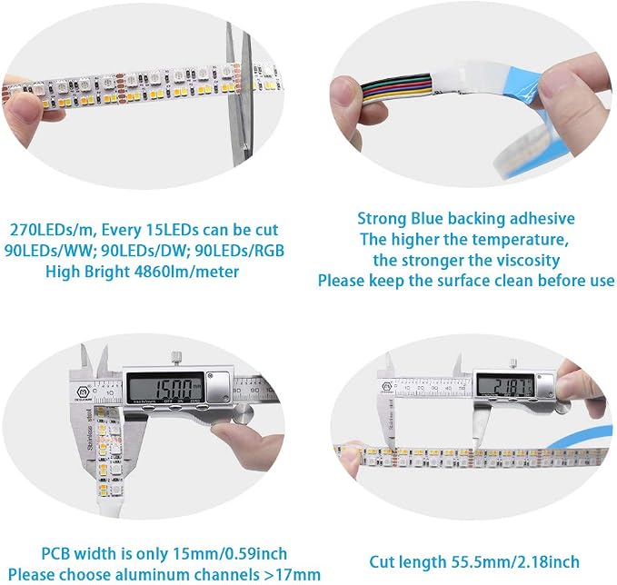 Brightest RGB+CCT Flexible led Strip Lights 270LEDs/Meter 5050 RGB + 2835 Warm White Daylight White Double Row Super Bright RGBWW Non-Waterproof Flexible LED Tape Light(DC24V 5meter/16.4ft) - Image 2