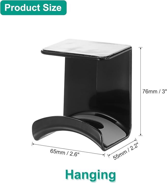 uxcell Headphone Stand, 1 Pcs ABS Headset Holder Adhesive Headphone Holder Hook Mount Headphone Hanger Hook Under Desk for Gaming Headphones Earphones Cables, Black(Hanging) - Image 2