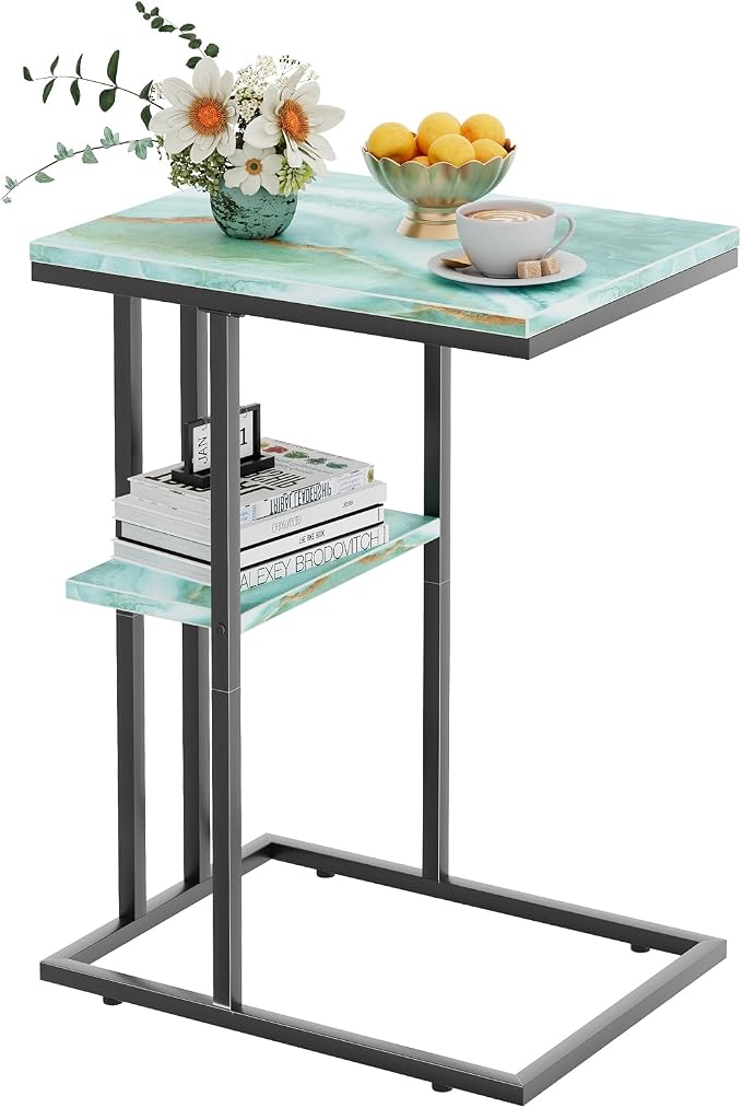 C Shaped Side Table, Couch End Table for Small Space, Blue&Green by Katrawu