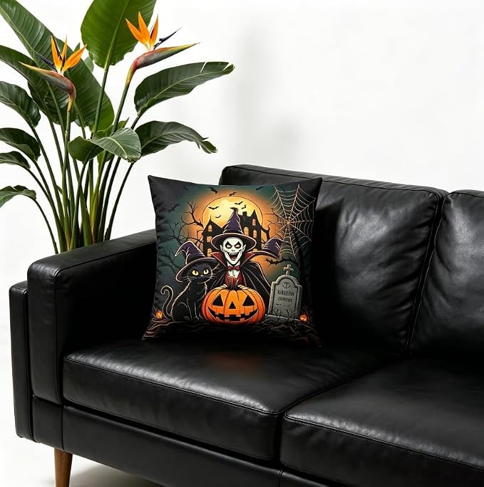 Halloween Throw Pillow Covers, Vampire and Black Cat Spooky Design, Linen, 18x18 Inch, Set of 2, Machine Washable - Image 3