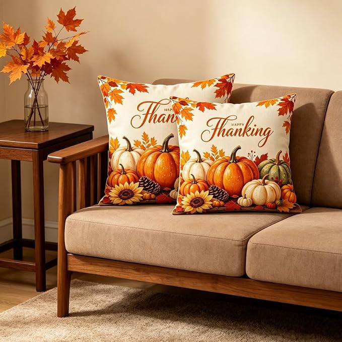 Thanksgiving Throw Pillow Covers, Linen, 18x18 Inch, Set of 2, Happy Thanksgiving Pumpkin Fall Design, Farmhouse Style, Machine Washable - Image 4